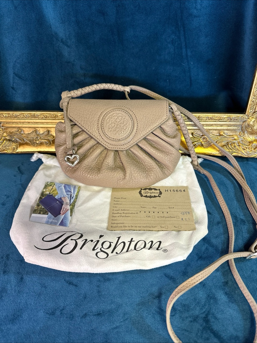 BRIGHTON FERRARA COLL. FLEURETTE MINI MINK LEATHER MEDALLION FLAP CROSSBODY $265